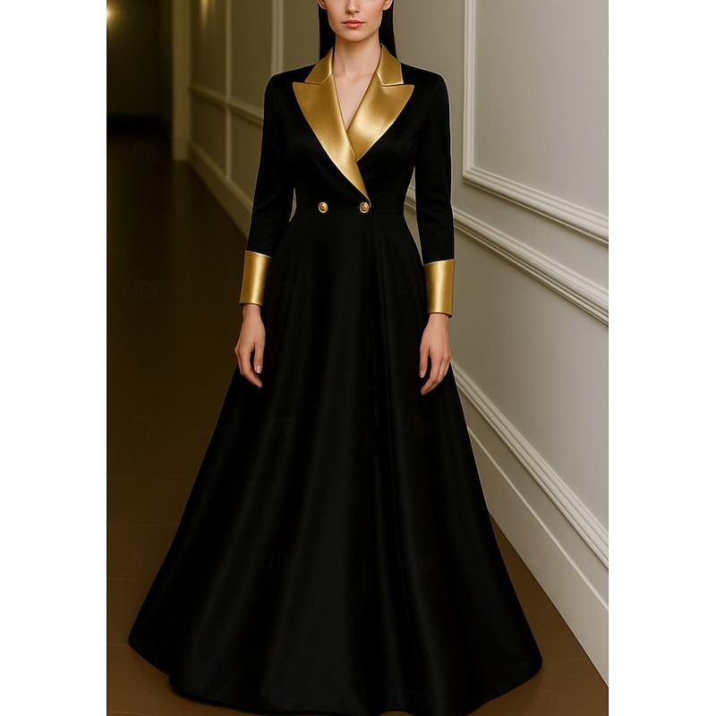 Tuxedo Dress A-Line Formal Wedding Wedding Guest Satin Elegant Color Block Long Sleeve Floor Length Peak Lapel Double Breasted4