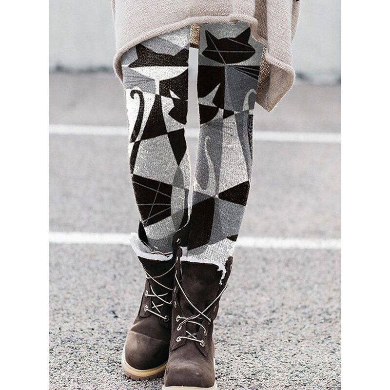 Women's Leggings Vacation Vintage Ethnic Style Ankle-Length High Waist Graphic Animal Cat 3D Print Quick Dry Breathability Soft Stretchy Outdoor Home Causal Black Grey Black White Gray Fall Winter