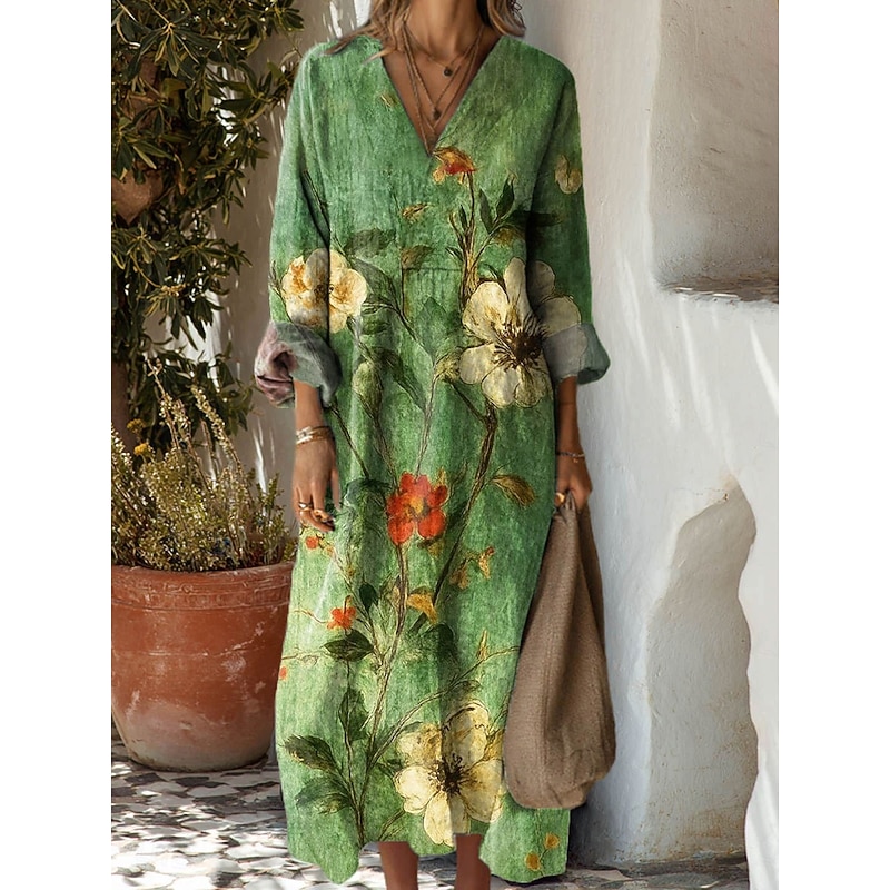Women's Maxi Dress Sundress A Line Dress Vacation Casual Boho Party Holiday Beach Regular Fit Floral Graphic Geometric Long Sleeve V Neck Yellow Red Blue Orange Summer Spring Fall3