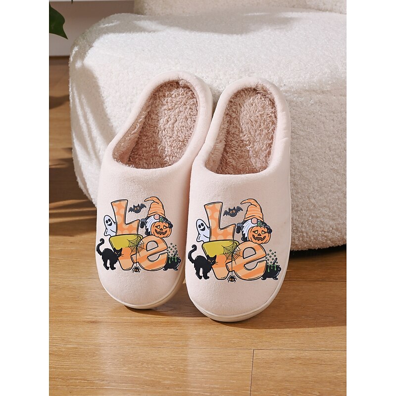 Women's Halloween Indoor Slippers – Cozy Fleece-Lined House Shoes with Cute Witch & Ghost Print, Soft Non-Slip Warm Flats for Autumn Home Wear & Holiday Gifts2