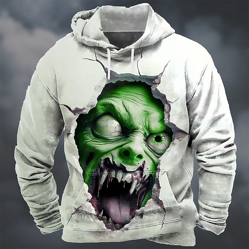 Halloween Men's Skull 3D Hoodie Sweatshirt Punk Exaggerated Crew Neck Club Streetwear Blue Green Drawstring Fall Winter Designer