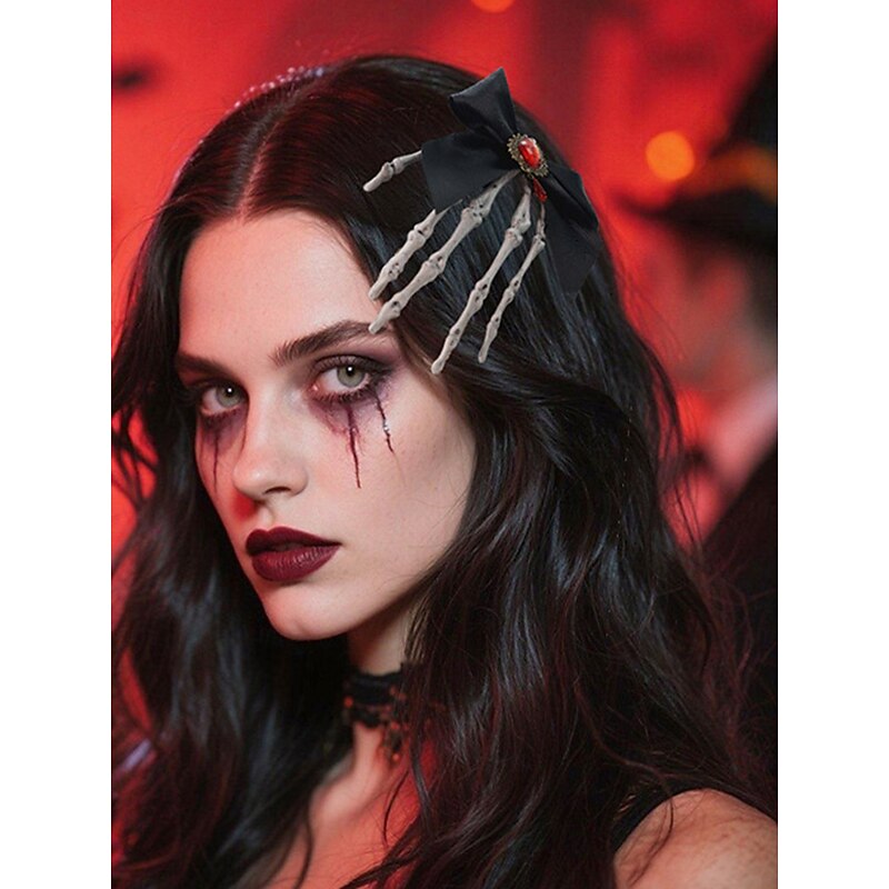 Women's Gothic - Style Black Bow Hair Clip with Skeleton Hand Detail, Perfect for Halloween Party Wear