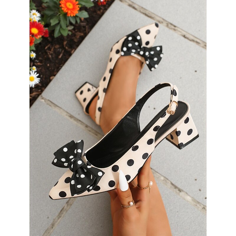 Women's Polka Dot Slingback Pumps - Beige and Black Satin Pointed Toe Block Heel Shoes with Bow Detail, 1950s Retro Chic Style for Parties, Office Wear and Spring Summer Outfits4