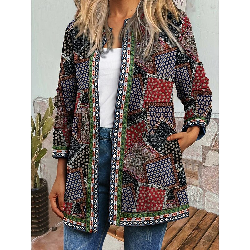 Women's Winter Coat Casual Jacket Warm Quick Dry Pocket Open Front Modern Geometric Casual Daily Casual Daily Short Crewneck Regular Fit Long Sleeve Outerwear Yellow Red Navy Blue Spring Fall