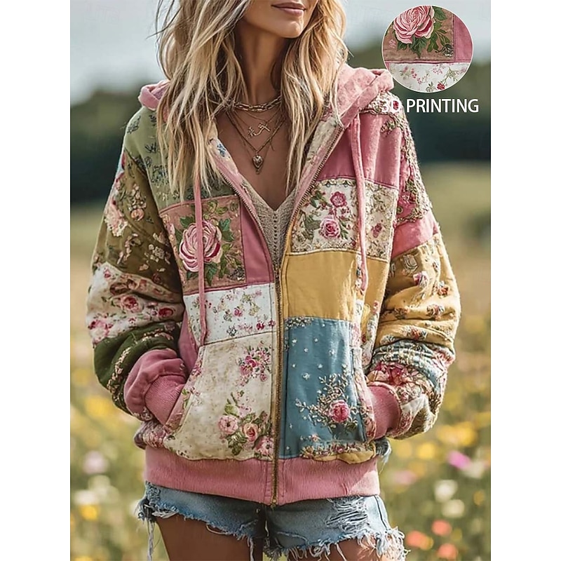 Women's 3D Print Vintage Boho Hoodie Patchwork Hoodie Sweatshirt Floral Hooded Sweatshirt Jacket Long Sleeve Zip Up With Pocket Lightweight Casual Zip Up s Street Dailywear Patchwork Pocket Fall2
