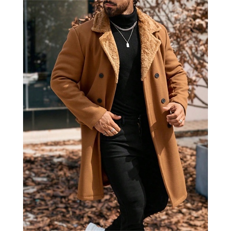Men's Fleece Jacket Peacoat Trench Coat Vacation Daily Fall Winter Polyester Thermal Warm Outerwear Clothing Apparel Fashion Classic Plain Pocket Lapel Double Breasted4