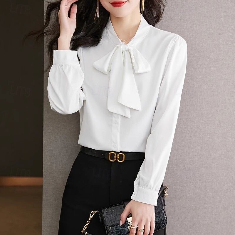 Women's Shirt Plain Stylish Modern Long Sleeve Shirt Collar Regular Tops Daily Holiday Buttons Bow White Blue Spring Fall