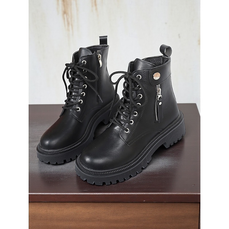 Women's Lace-Up Combat Boots - Chunky Sole Ankle Boots with Side Zipper and Strap Detail for Urban Streetwear and Casual Fashion Outfits