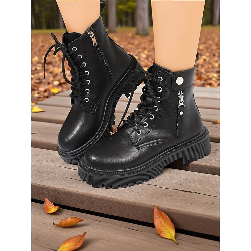 Women's Lace-Up Combat Boots - Chunky Sole Ankle Boots with Side Zipper and Strap Detail for Urban Streetwear and Casual Fashion Outfits4