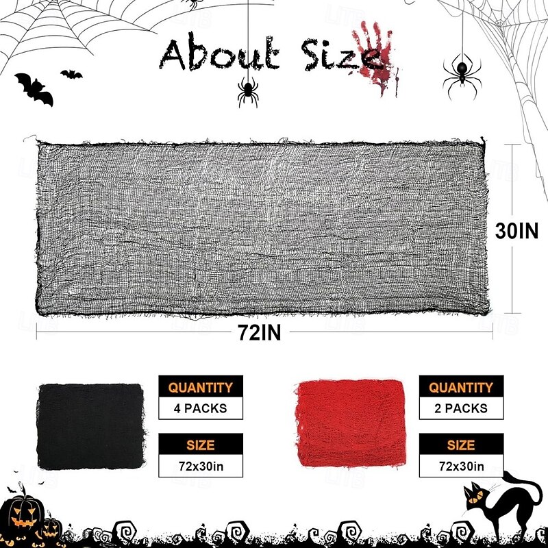 6Pcs Halloween Gauze Cloth, Creepy Cloth, 30×72 Inch Creepy Fabric Halloween for Haunted House Supplies, Party Outdoor, Indoor (4 Black+2 Red)3