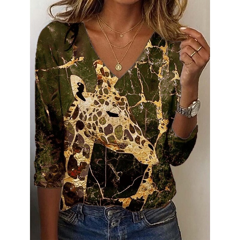 Women's Tunic T Shirt Leopard Color Block Giraffe Vintage Stylish Casual Long Sleeve V Neck Regular Tops Daily Sports Weekend Print Yellow Blue Purple Green Fall2