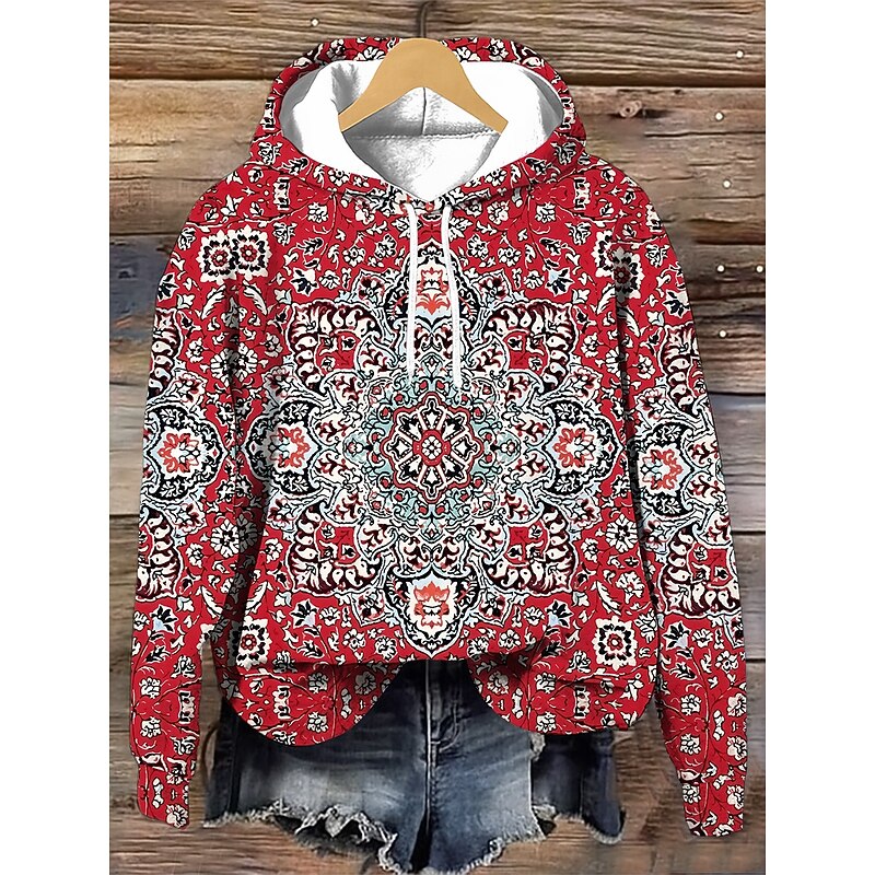 Women's Hoodie Pullover Sweatshirt Oversized Long Sleeve Casual Graphic Geometric Warm Retro Hooded Regular Tops Street Dailywear Print Wine Red Green Army Green Spring Fall Winter2