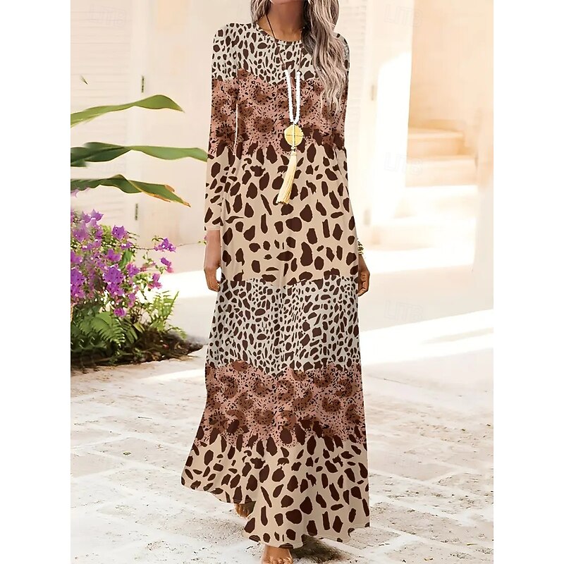 Women's Maxi Dress Shift Dress A Line Dress Party Casual Boho Daily Date Going out Regular Fit Graphic Animal Leopard Long Sleeve Crew Neck Pink Blue Brown Green Spring Fall Winter Autumn