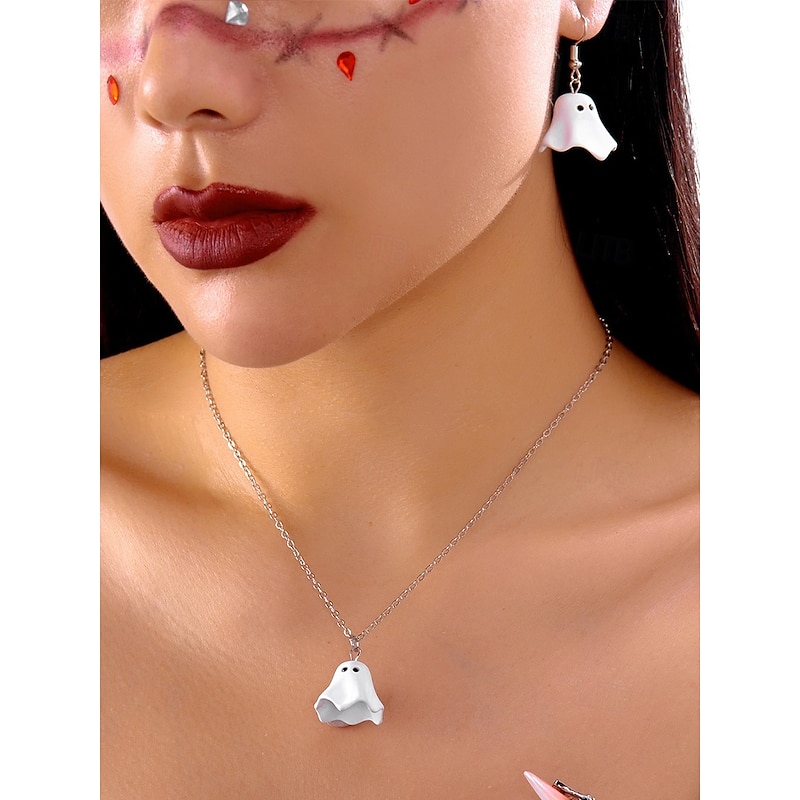 Women's Halloween Ghost Jewelry Set – Cute White Ghost Pendant Necklace and Drop Earrings for Party, Cosplay and Costume Accessories