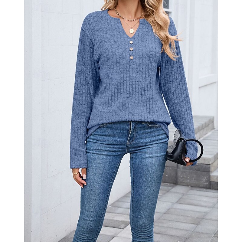 Women's Texture Blouse T Shirt Plain Casual Long Sleeve V Neck Regular Tops Daily Weekend Buttons Black Wine Royal Blue Blue Khaki Fall - Main Image