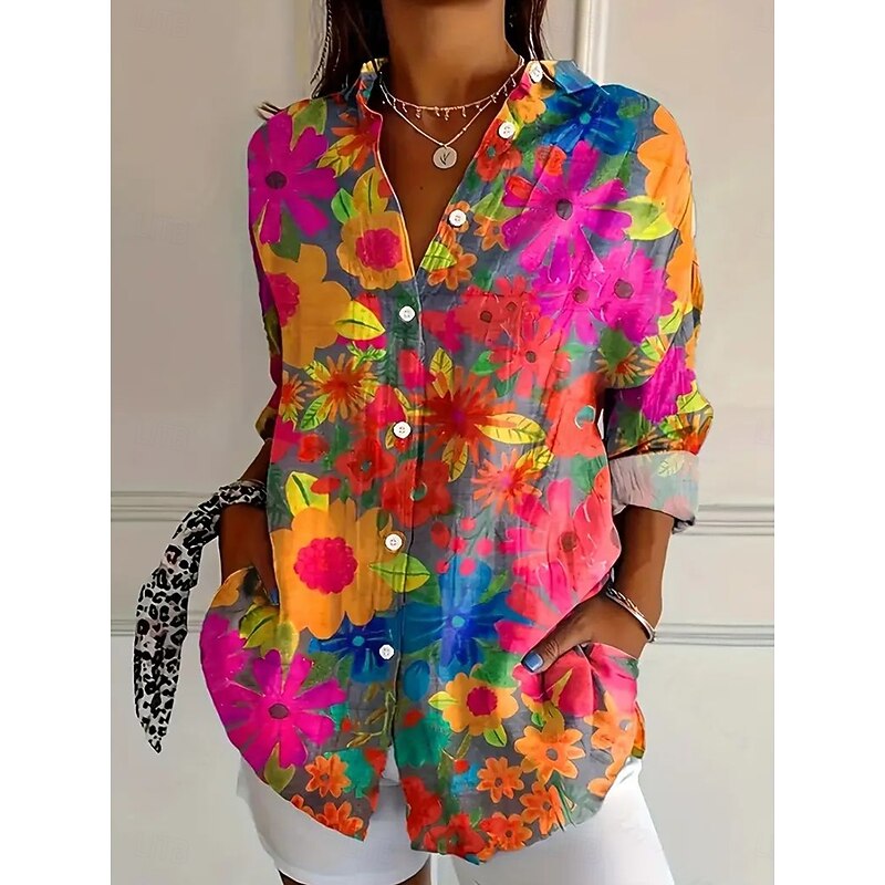 Women's Shirt Floral Graphic Vintage Daily Casual Long Sleeve Shirt Collar Regular Tops Daily Holiday Print Pink Red Blue Fuchsia Summer Spring4