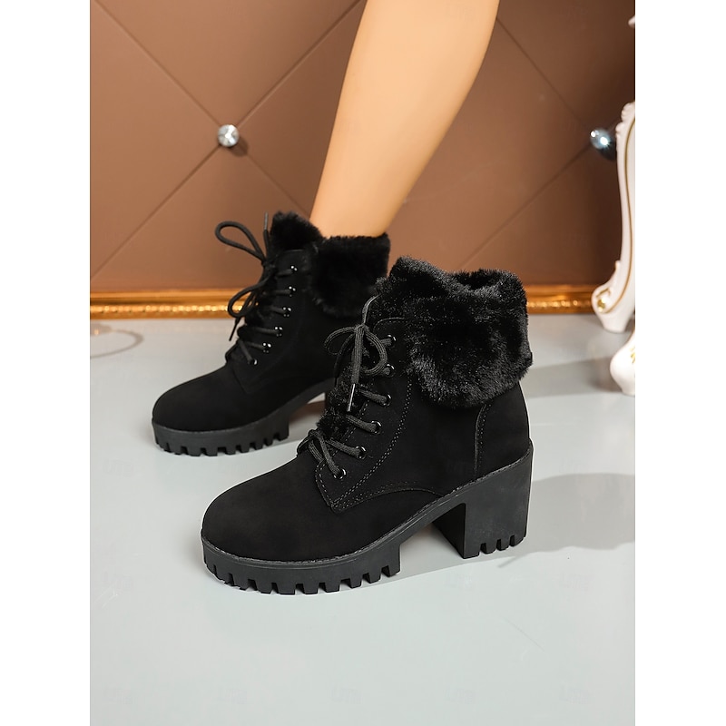 Women's Black Lace-Up Fur Lined Ankle Boots – Chunky Heel Winter Booties with Lug Sole for Cold Weather, Casual & Outdoor Wear3