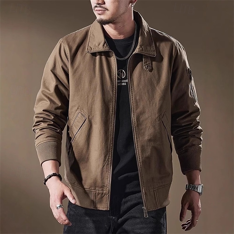Men's Shirt Jacket Winter Jacket Plain Vacation Daily Wear Black Khaki Army Green Long Sleeve Lapel Fall Winter Clothing Apparel Zip Up3