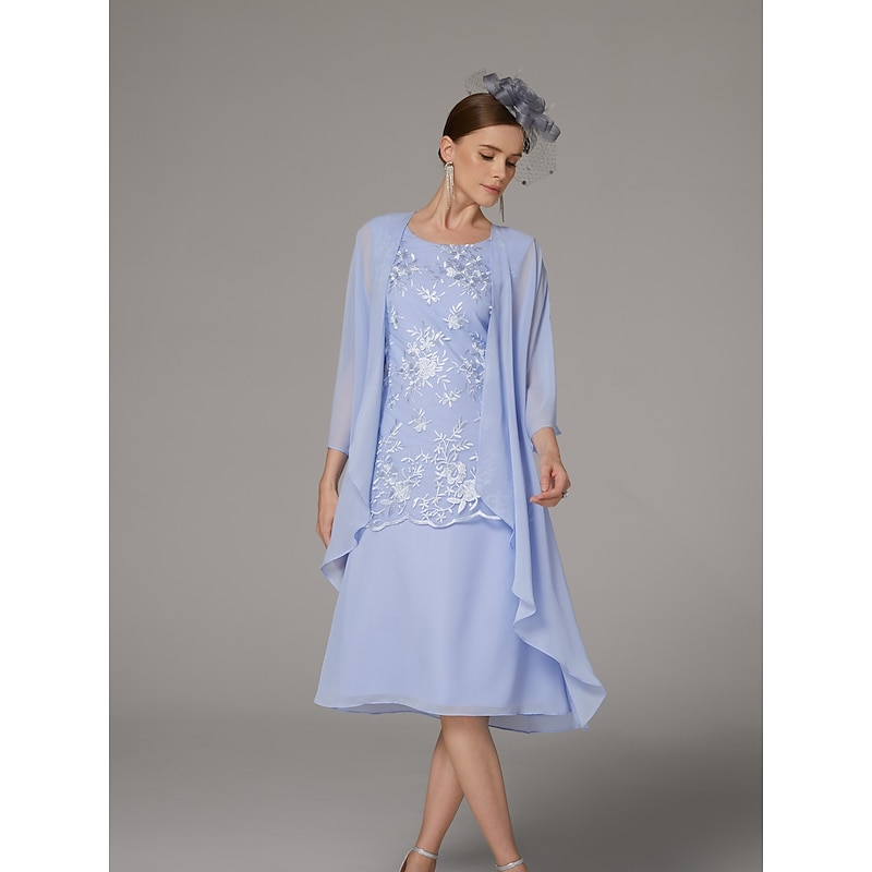 Beach Wedding Two Piece Sheath Mother of the Bride Dress Wedding Guest Elegant Jewel Neck Tea Length Chiffon Lace Sleeveless Jacket Dresses with Appliques3