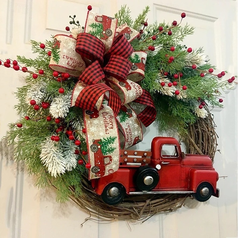 Christmas Red Truck Door Hanging Farmhouse Style Red Truck Wreath Festive Holiday Christmas Wreath Decoration Perfect Rustic Home Seasonal Ornament