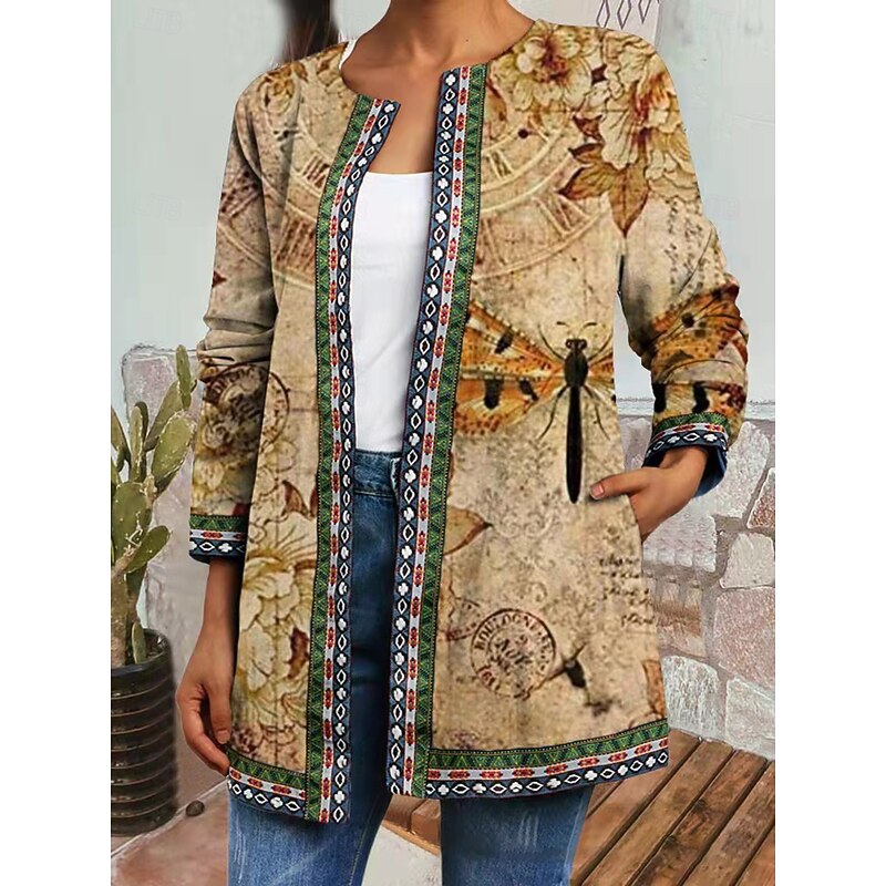 Women's Casual Jacket Windproof Warm Pocket Color Block Open Front with Pockets Vintage Modern Floral Casual Daily Casual Daily Regular Crewneck Regular Fit Long Sleeve Outerwear Black Blue Green Fall3