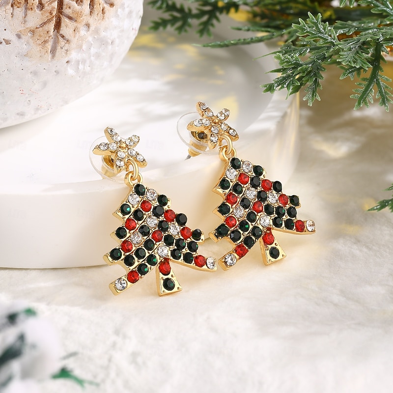 Christmas Tree Dangle Earrings with Sparkling Colorful Crystals, Festive Holiday Drop Earrings for Women, Elegant Winter Jewelry Gift for Christmas Party