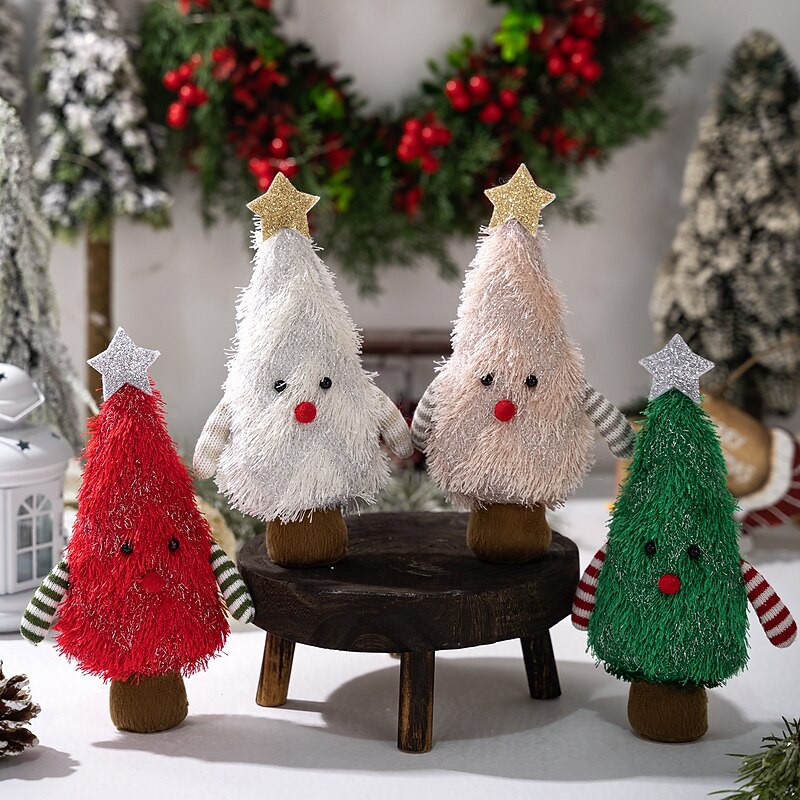 4PCS Plush Christmas Tree Figurines, Creative 3D Mini Tree Decorations, Soft Holiday Tabletop Ornaments for Home and Party Decor