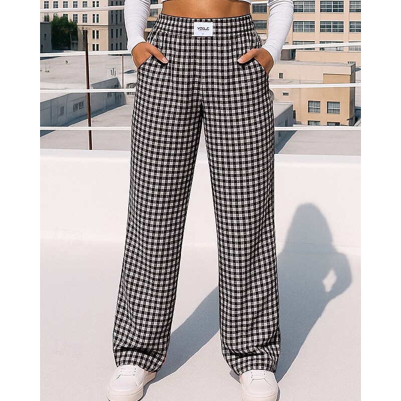 Women's Wide Leg Pants Casual Pants Pocket High Waist Bottoms Athleisure Gym Workout Fall Cotton Fashion Outdoor Travel Loose Fit Sportswear Activewear Plaid Black Pink Blue4