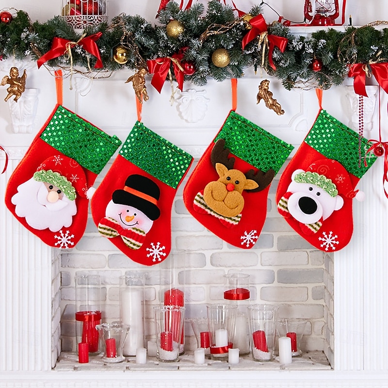 4Pcs Small Green Christmas Stockings, Sequin Trim Snowflake Cartoon Gift Stocking Silverware Holders, Holiday Table Decoration4