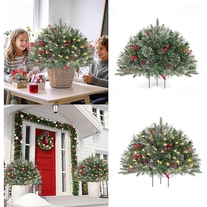 Pre-lit Artificial Christmas Tree Urn Filler, Outdoor Xmas Decoration Faux Plants Flocked with Mixed Ornaments and Pre-strung White LED Lights, Holiday Decor with Stand