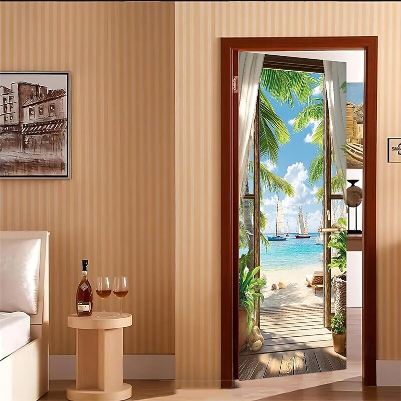 Door Cover Outdoor Banners Optical Illusion Beach Vacation Mediterranean Bedroom Living Room Front Door Home Decor4