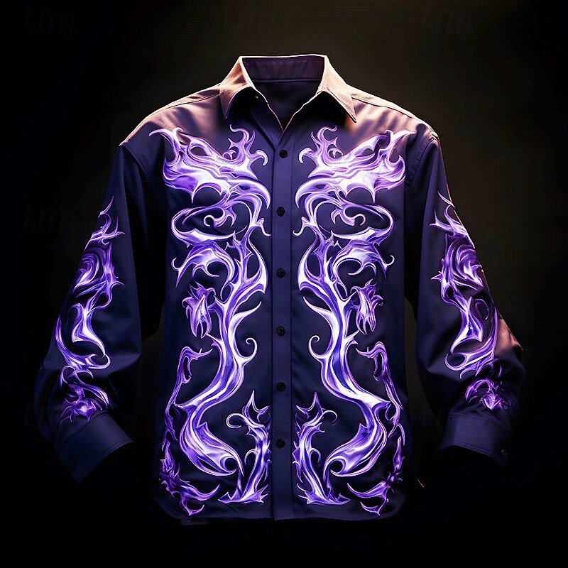 Men's Flame Shirt Button Up Shirt Long Sleeve Artistic Abstract Daily Wear Going out Fall & Winter Turndown Print Button-Down Purple Fuchsia Green