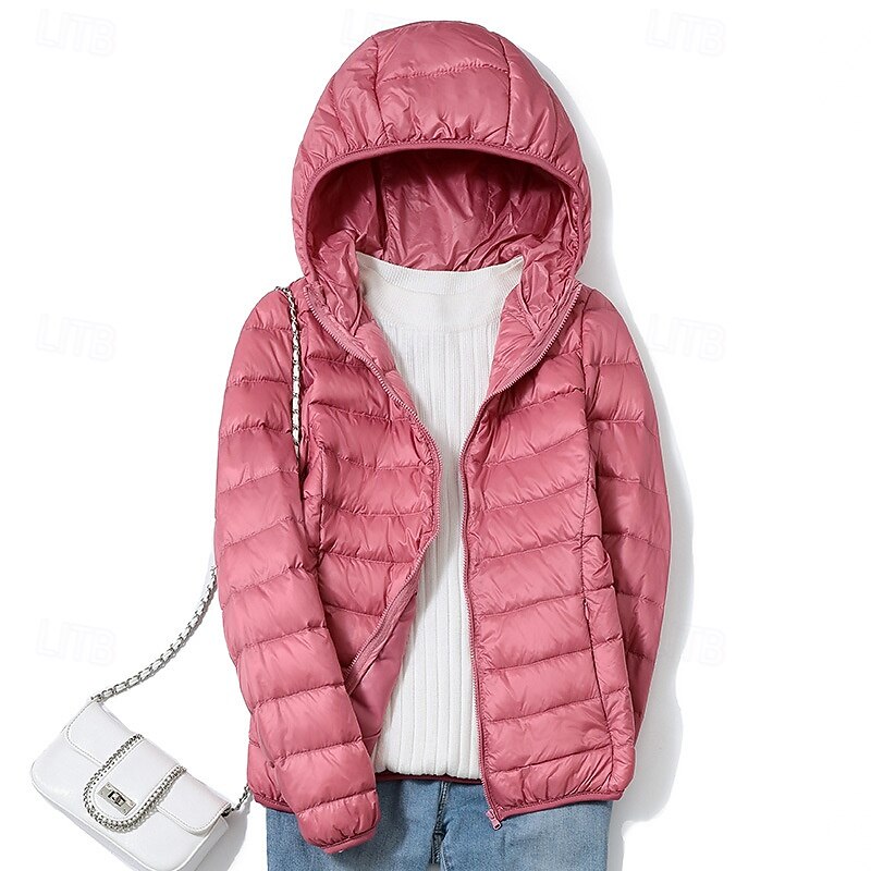 Women's Down Jacket Warm Comfortable Zipper Pocket Casual Plain Holiday Daily Wear Going out Casual Daily Zipper Regular Hooded Regular Fit Long Sleeve Outerwear Pink Red Khaki Fall Winter2