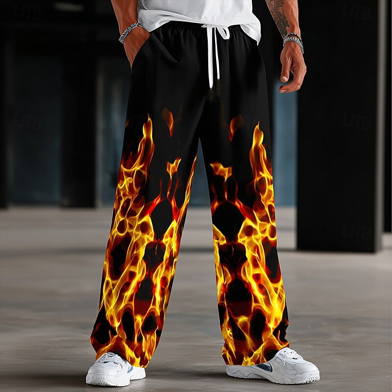 Men's Optical Illusion Flame Trousers Baggy Pants Casual Pants Mid Waist Fashion Casual Outdoor Vacation Elastic Drawstring Waist Linen-Like Pants with Pockets Spring Fall 3D Print Black