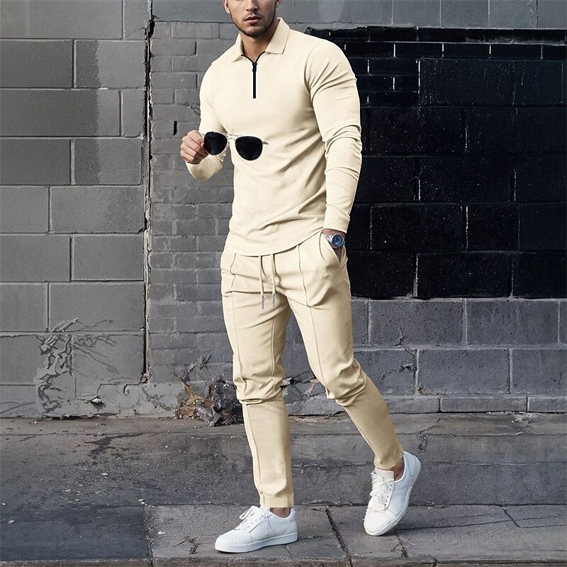 Men's Waffle Polo Shirts Polo Shirts Daily Wear Date Quarter Zip Long Sleeve Fashion Basic Plain Zipper Spring Fall Regular Fit Black Royal Blue Khaki Gray Waffle Polo Shirts2