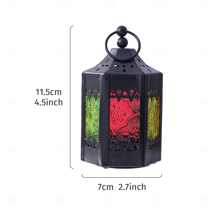 Vintage Hexagon Iron Glass Candle Lantern – Colorful Retro Hanging Tealight Holder with Hollow Design, Windproof Metal Frame for Home Bar Restaurant Decor and Gift3