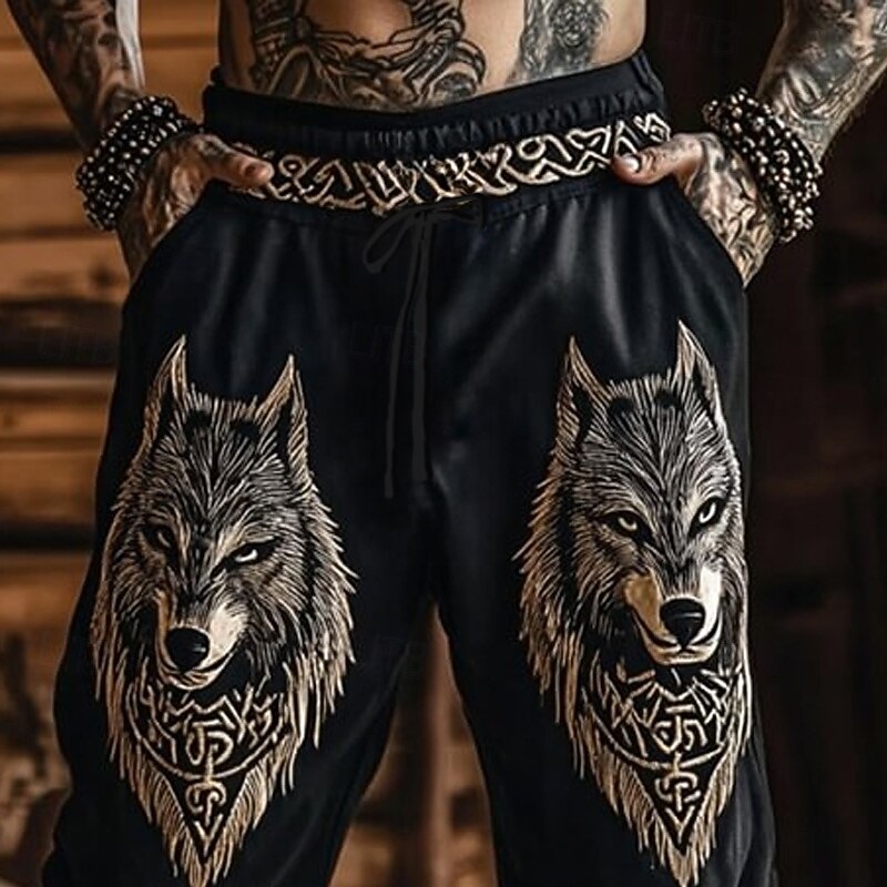 Men's Trousers Casual Pants Drawstring Pocket Elastic Waist Wolf Comfort Daily Going out Vintage Casual Black Micro-elastic2