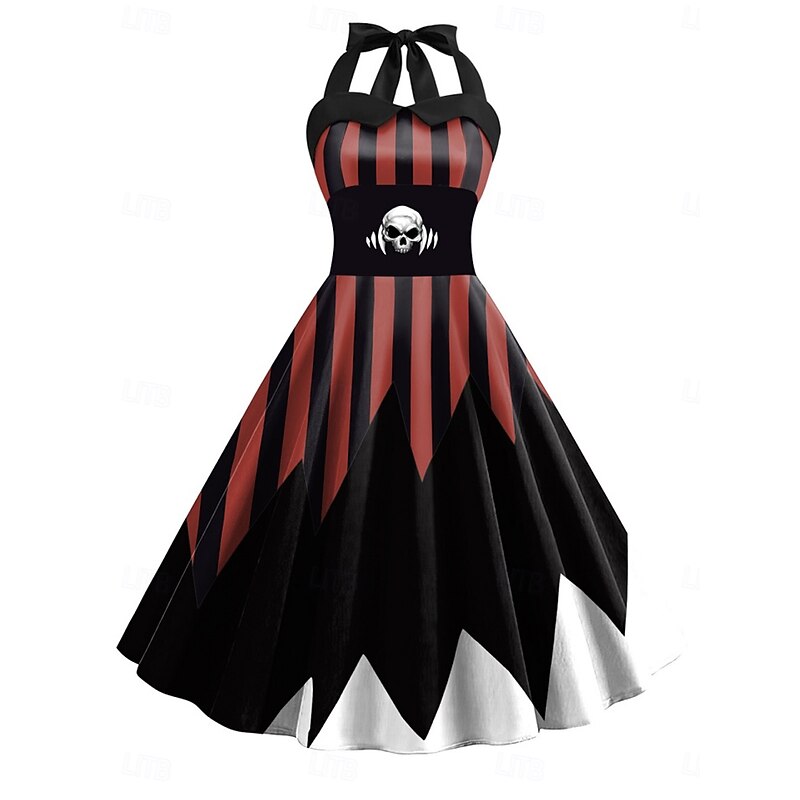 Halloween Women's Midi Dress A Line Dress Halter Dress Casual Daily Holiday Regular Fit Color Block Skull Sleeveless Halter Neck Black Red Summer Spring Fall4