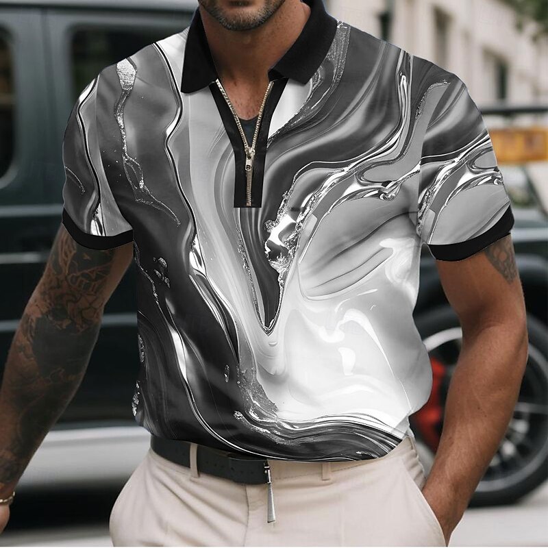 Men's Marble Zip Polo Shirts Short Sleeve Polo Shirts Collared Shirts Casual Athleisure Daily Wear 3D Print Summer Red Blue Green4