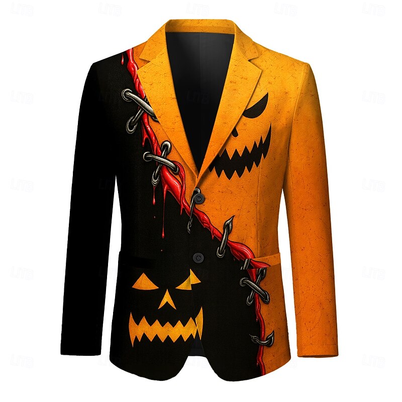 Halloween Men's Blazer Jacket Formal Stylish Casual Daily All Seasons 100% Polyester Weaving Grimace 3D Print Buttons Comfortable Single Breasted Blazer Orange