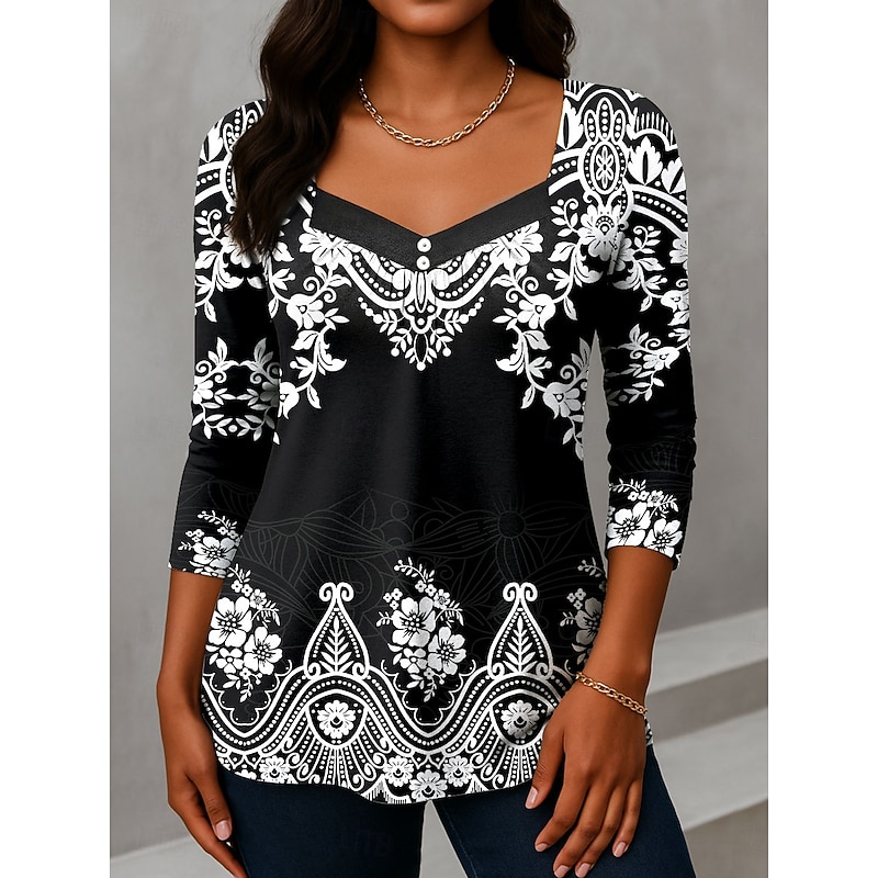 Women's T Shirt Graphic Tribal Vintage Fashion Stylish Long Sleeve V Neck Asymmetric Neck Regular Tops Daily Weekend Vacation Wear Buttons Print White Pink Blue Purple Green Summer Spring