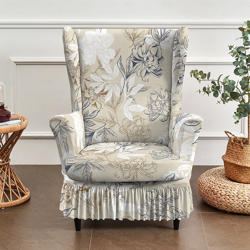 Wingback Chair Cover, Floral, Striped, or Geometric Printed Polyester Slipcovers, Stretch Furniture Protector for Living Room