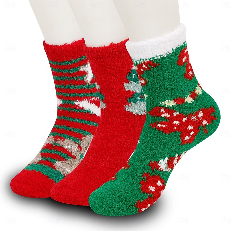 Winter Christmas Socks for Women, Cute Cartoon Coral Fleece Floor & Sleep Socks, Thick Warm Holiday Socks, European Style Xmas Plush Mid-Calf Socks