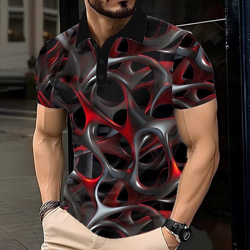 Men's Abstract Geometic Polo Short Sleeve Polo Shirts Lapel Casual Street Athleisure Daily Wear 3D Print Buttons Summer Red Blue Orange3