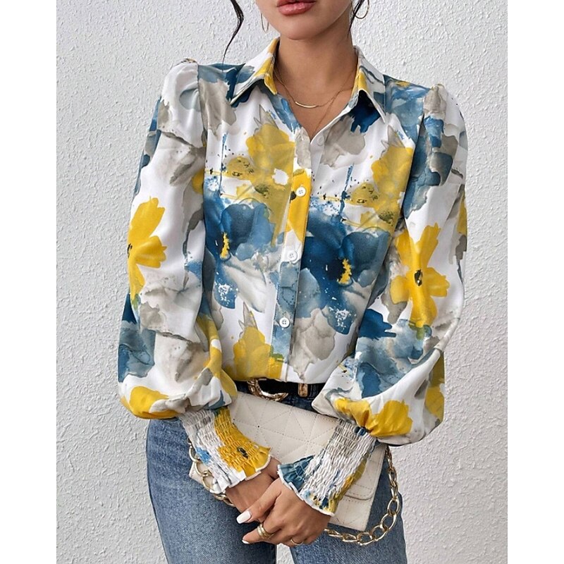Women's Shirt Blouse Flower Modern Casual Long Sleeve Shirt Collar Regular Tops Daily Going out Print Red Blue Purple Green Fall2