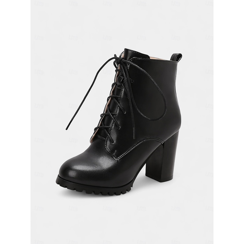 Women's Black Leather Lace - Up Block Heel Ankle Boots - Work Ready, Chic Business Casual Shoes for Office & Daily Commute4