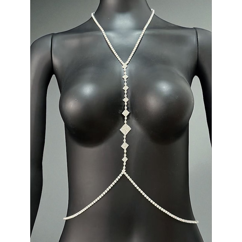 Women's Silver Diamond-Shaped Rhinestone Body Chain - Glamorous Plunging Neckline Jewelry for Evening Parties, Clubwear, Weddings and Special Occasions3