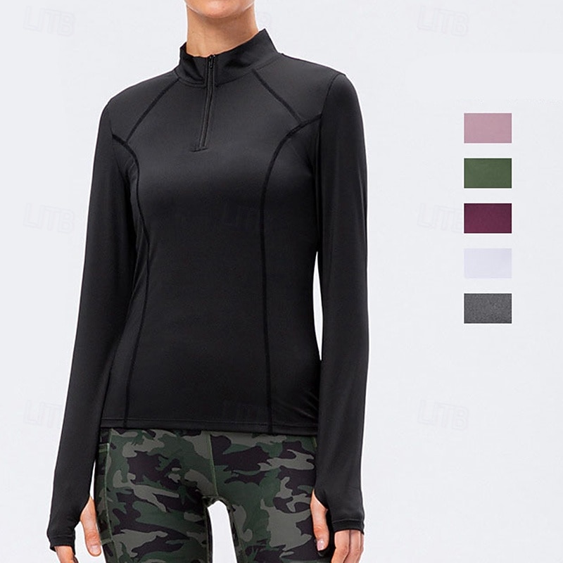 Women's Workout Shirt Stand Collar Quick Dry Stretchy Quarter Zipper Long Sleeve Sports Solid Color Top For Gym Athletic Sports Activewear