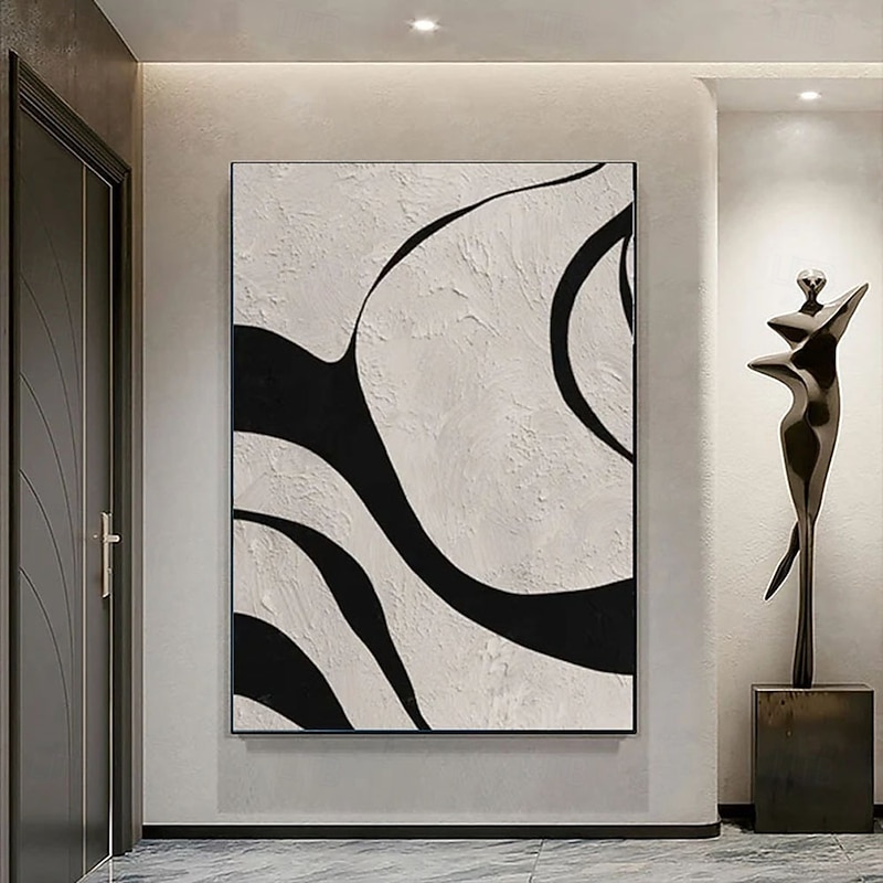 Hand painted 3D Textured White Abstract Painting on Canvas 3D Textured white black oil painting Wall Art Modern Canvas Art Living Room Decor pattle knife oil painting Home Decor Hotel Art
