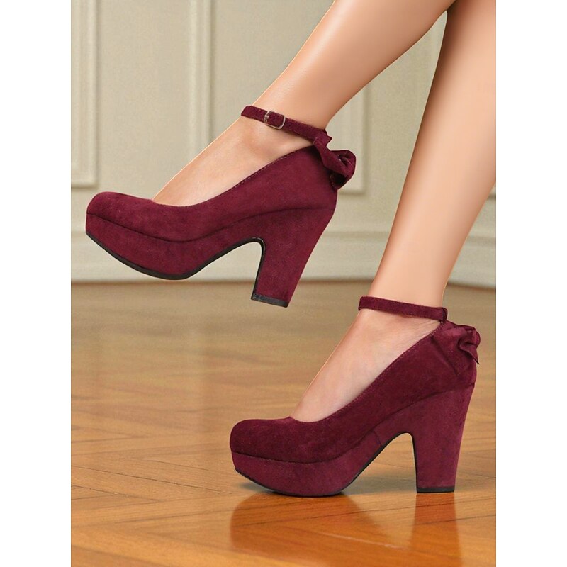 Women's Burgundy Platform Mary Jane Heels with Bow - 1950s Retro Chic Suede Block Heel Dress Shoes for Parties,Office and Daily Wear3